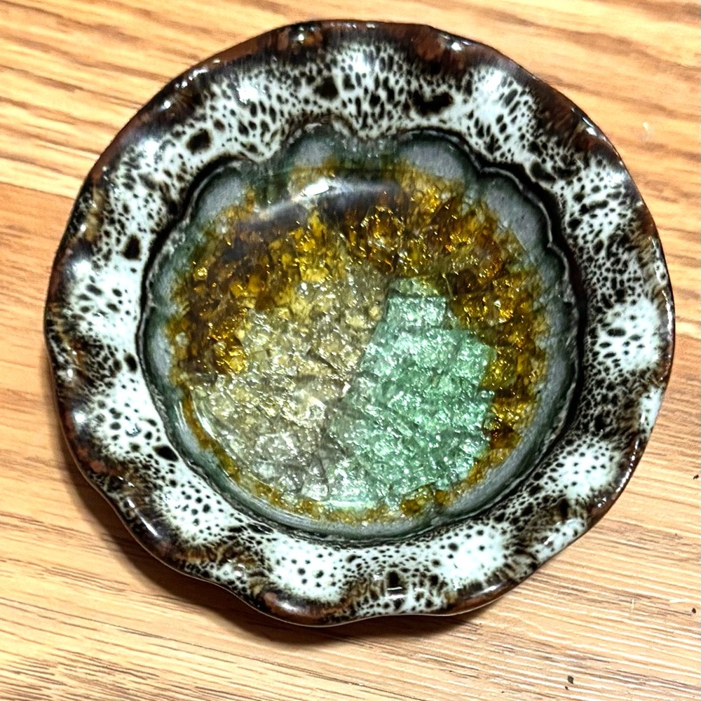 Crystalline green made in USA trinket- ring pottery dish